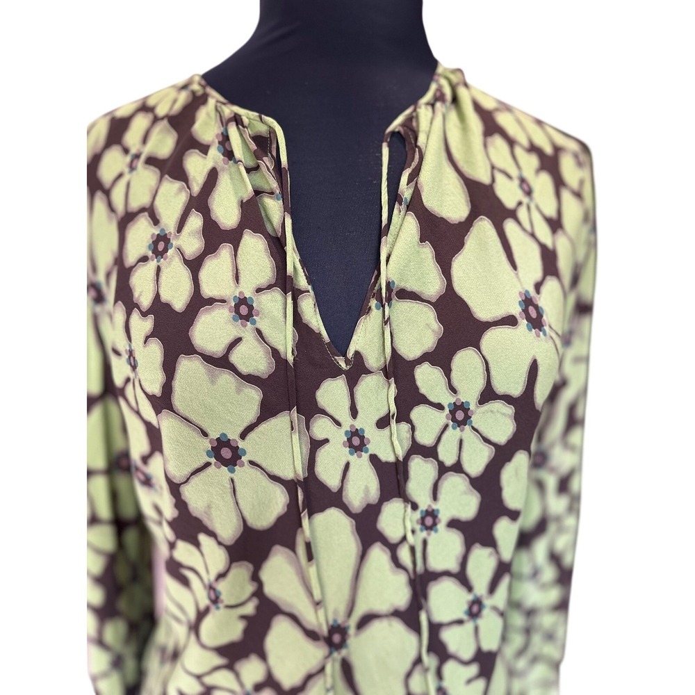 Retro Floral V-Neck Tie Front Blouse Lime Green Brown Long Sleeve Top